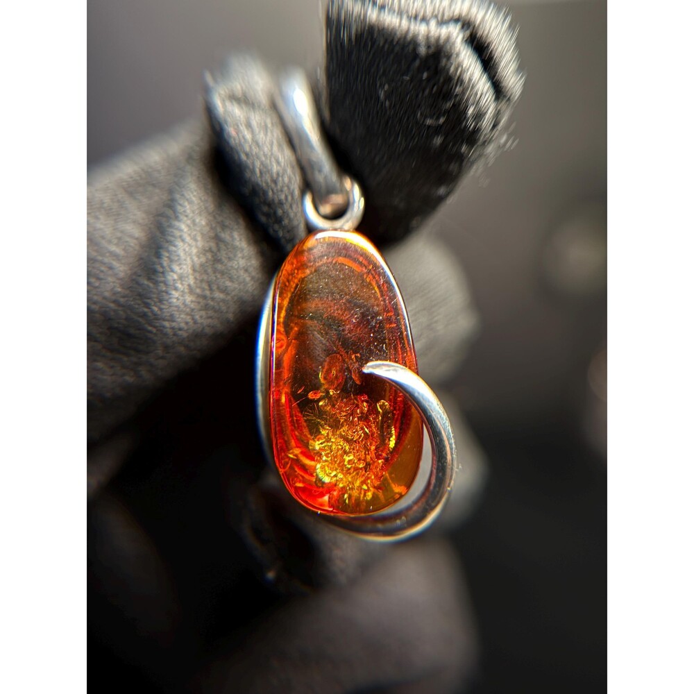 925 Sterling Silver Amber Pendant Teardrop Cognac 6.8g